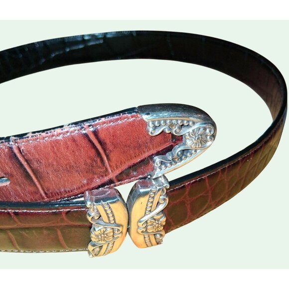 Brown Croc Embossed Belt With Ornate Silver Buckle & Tips XLarge - Picture 3 of 11